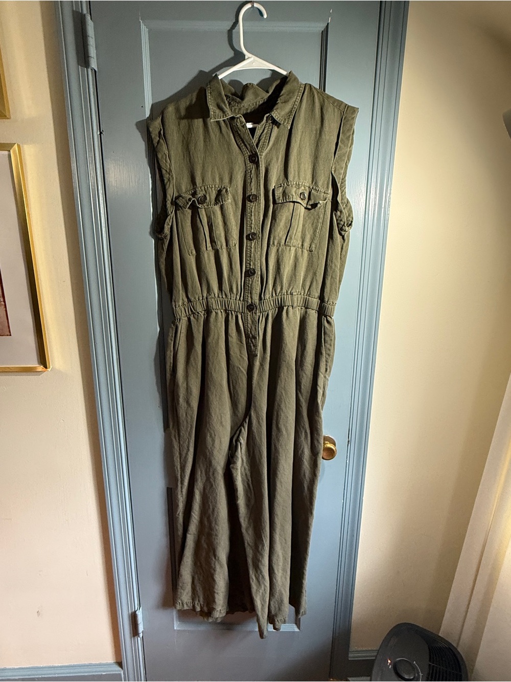 LOFT Olive Utility Button-Front Sleeveless Jumpsuit